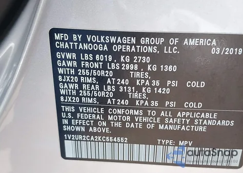 2019 Volkswagen Atlas 3.6L V6 Se W/Technology z USA, uszkodzony, nr VIN 1V2UR2CA2KC554552